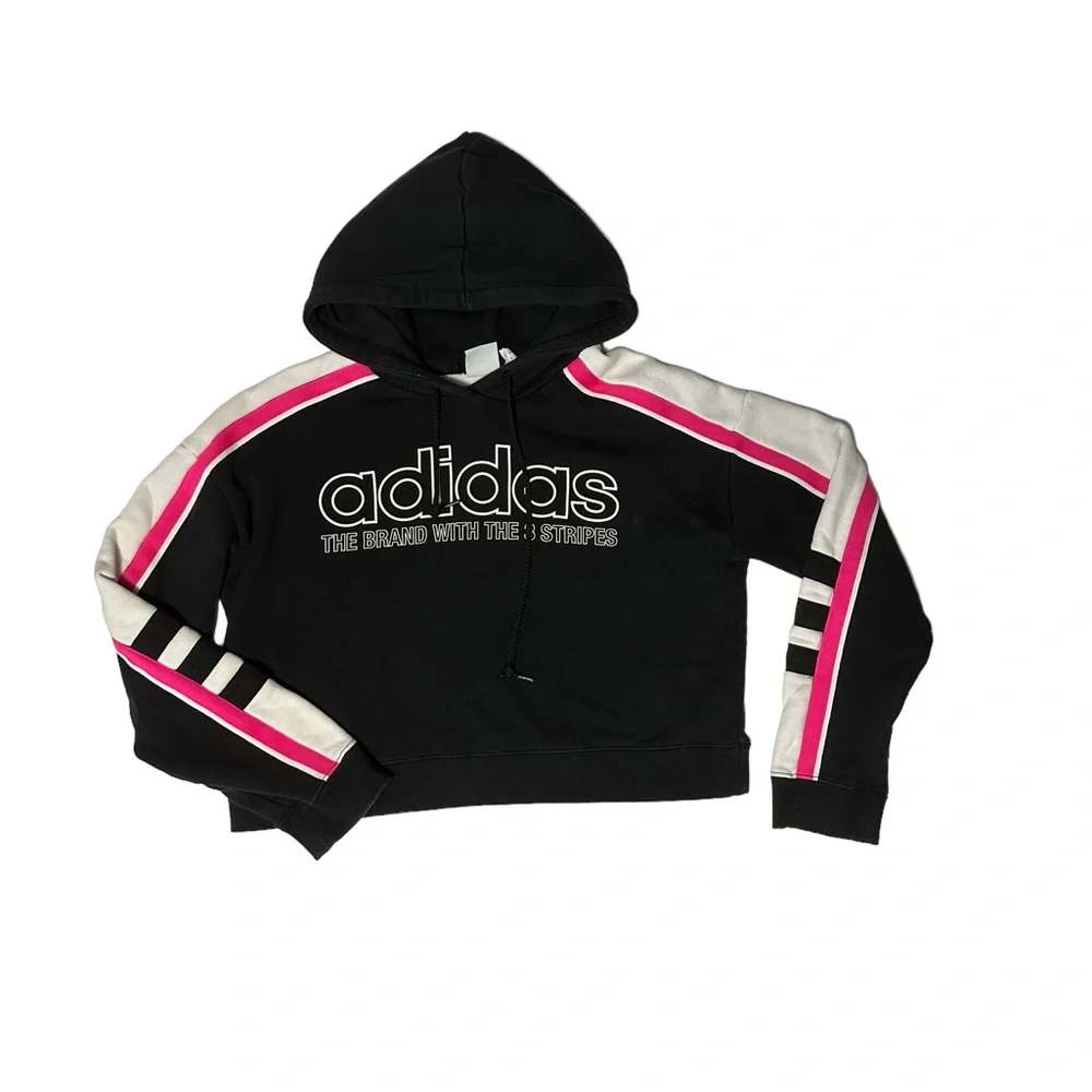 Adidas long sleeve crop hoodie in size XS. Black front. Pink and white sleeves - Picture 1 of 11